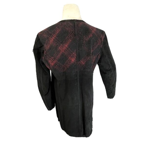 Free People Black Leather Jacket Size Large Suede Buffalo Plaid Grunge Dark Acad - Picture 4 of 16